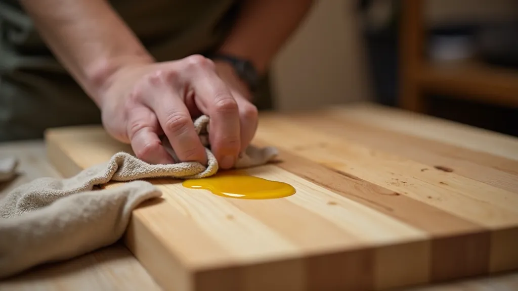 Applying food-grade mineral oil to wooden cutting board with cloth, showing even coverage technique