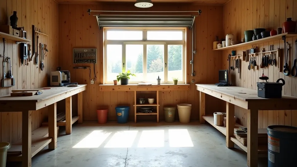 Bright garage workshop with large window providing natural light, clean concrete floor, and organized wooden workbench against far wall