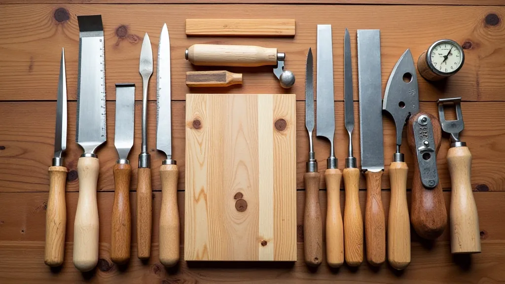 Essential hand tools laid out on wooden surface including chisels, saws, planes, and measuring tools