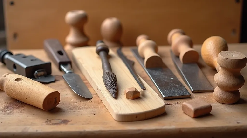 Essential woodworking hand tools arranged on wooden surface, chisels saws planes clamps visible