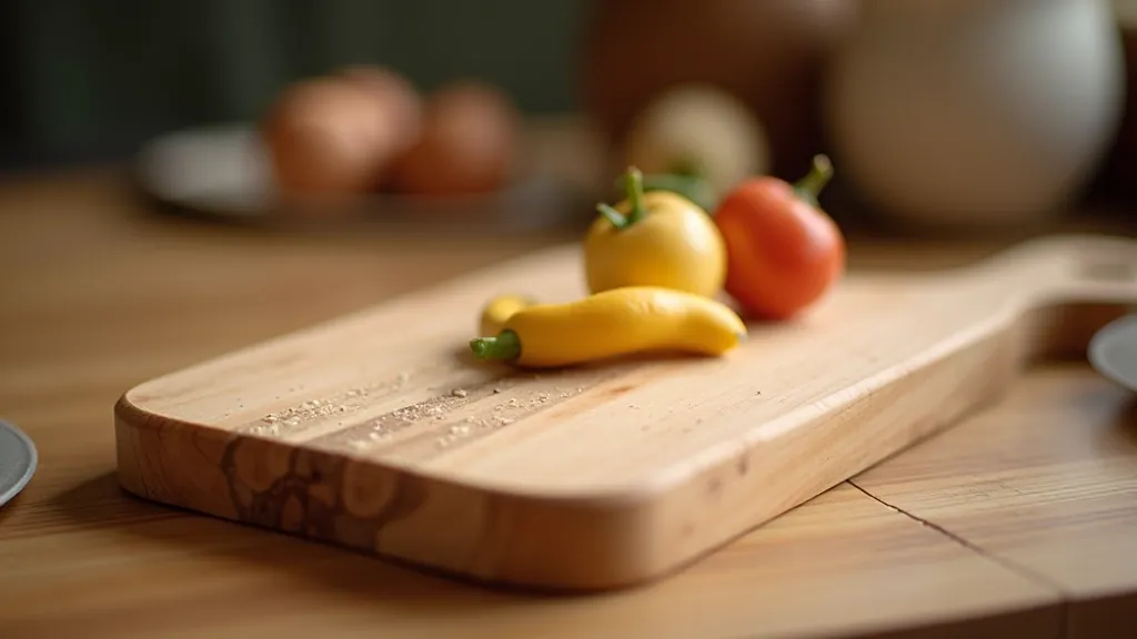 Finished wooden cutting board with food items, natural wood grain visible, kitchen counter setting