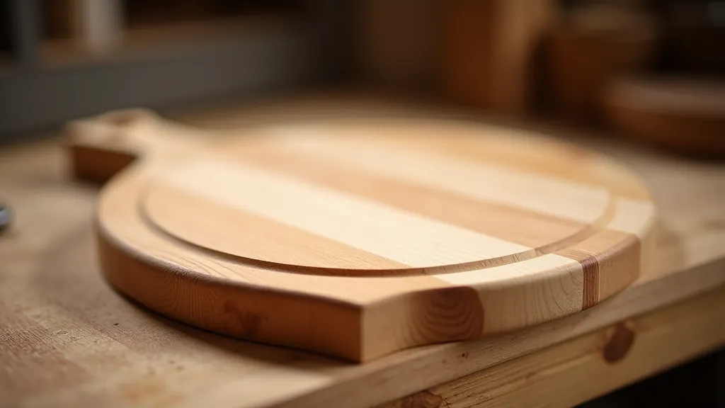 Finished wooden cutting board with grain pattern visible, showing joinery detail and smooth surface finish