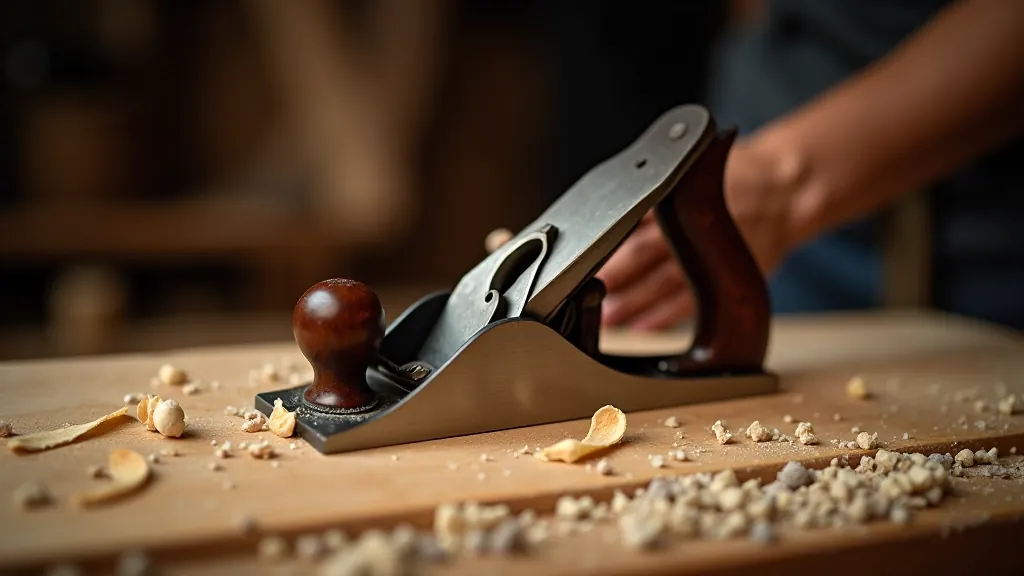 Hand plane positioned on wood surface with fresh wood shavings curling from the blade
