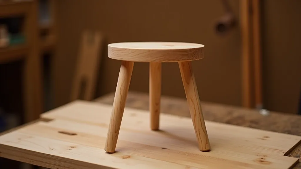 Handmade wooden three-legged stool, natural finish, angled legs visible, sitting on workbench