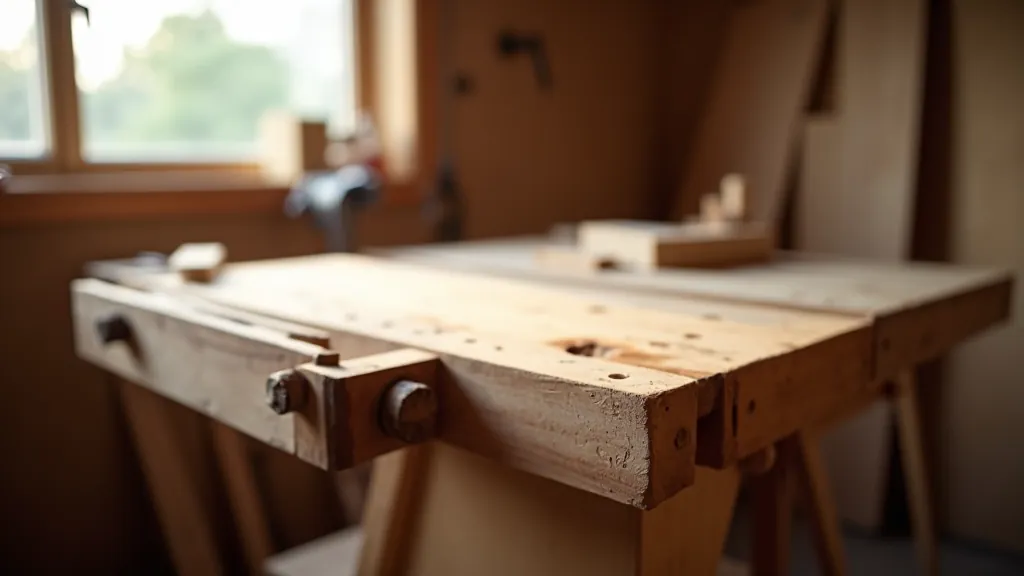 Heavy wooden workbench with vise mounted on one end, measuring approximately 1.2 meters wide, positioned near workshop window