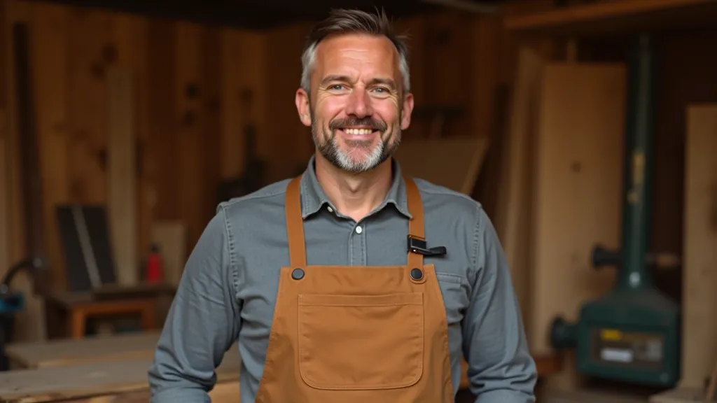 Carpentry instructor with tools in workshop, portrait from chest up
