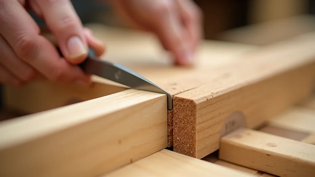 Close-up of mortise and tenon joint assembly, chisel tool and wood pieces, clear detail