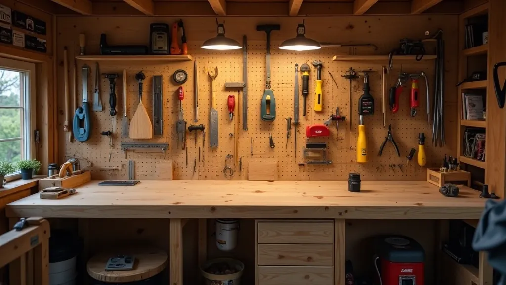 Organized garage workshop with workbench, tools on wall pegboard, bright lighting, Latvian country setting