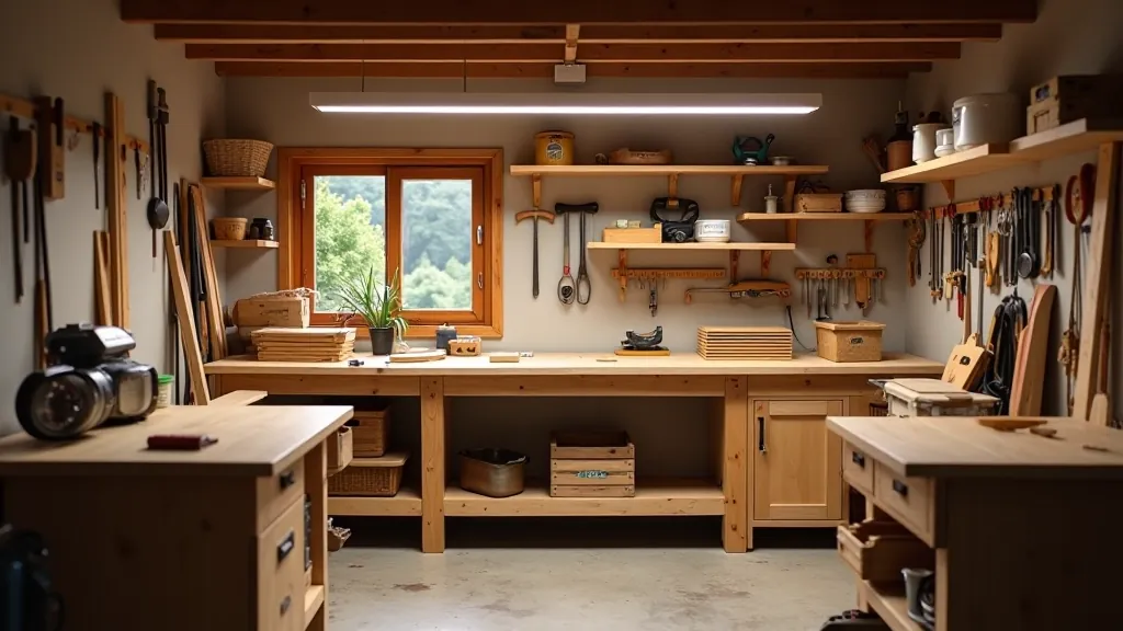 Organized garage workshop with workbench, tool storage, and lighting setup