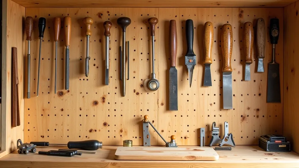 Pegboard wall storage system with hand tools hanging organized by type, chisels grouped together, saws displayed horizontally, clamps on lower shelf