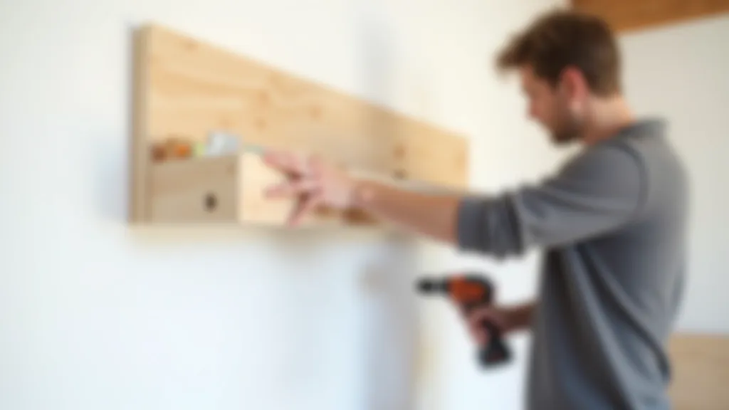 Person installing floating shelf on white wall, using drill and level, professional workshop setting