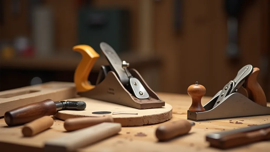 Selection of quality woodworking hand tools arranged on a wooden workbench in a bright workshop