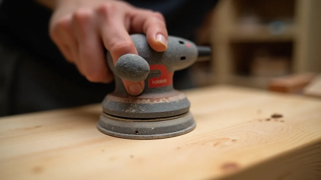 Sanding wooden surface with orbital sander, showing proper sanding technique with even pressure and grain direction