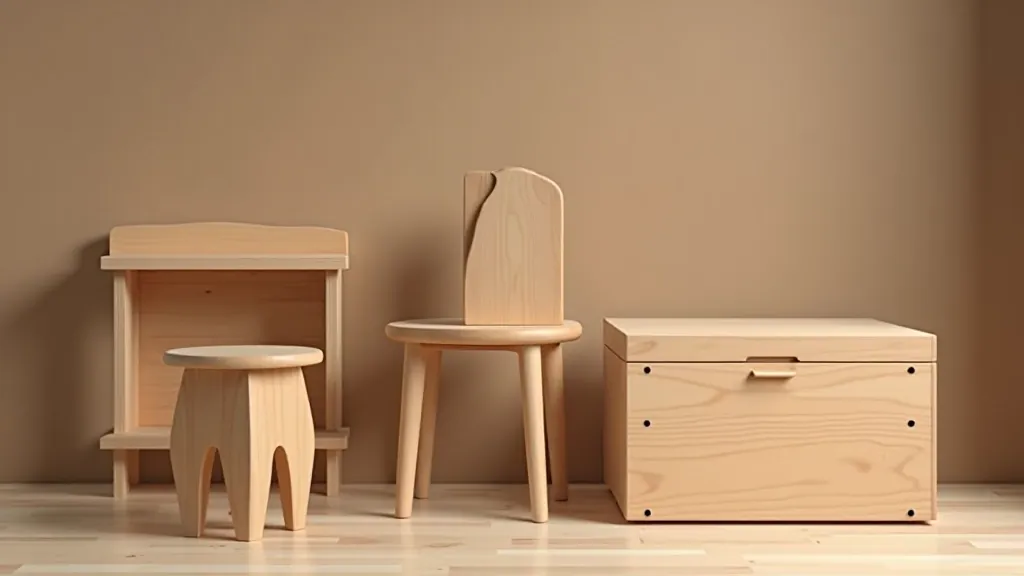 Simple wooden furniture pieces displayed together including small shelf, sturdy stool, and storage box with clean design