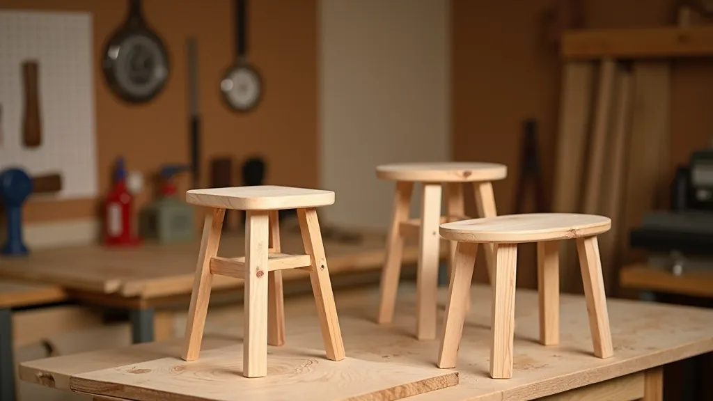 Simple wooden shelf and stool projects displayed in a workshop setting