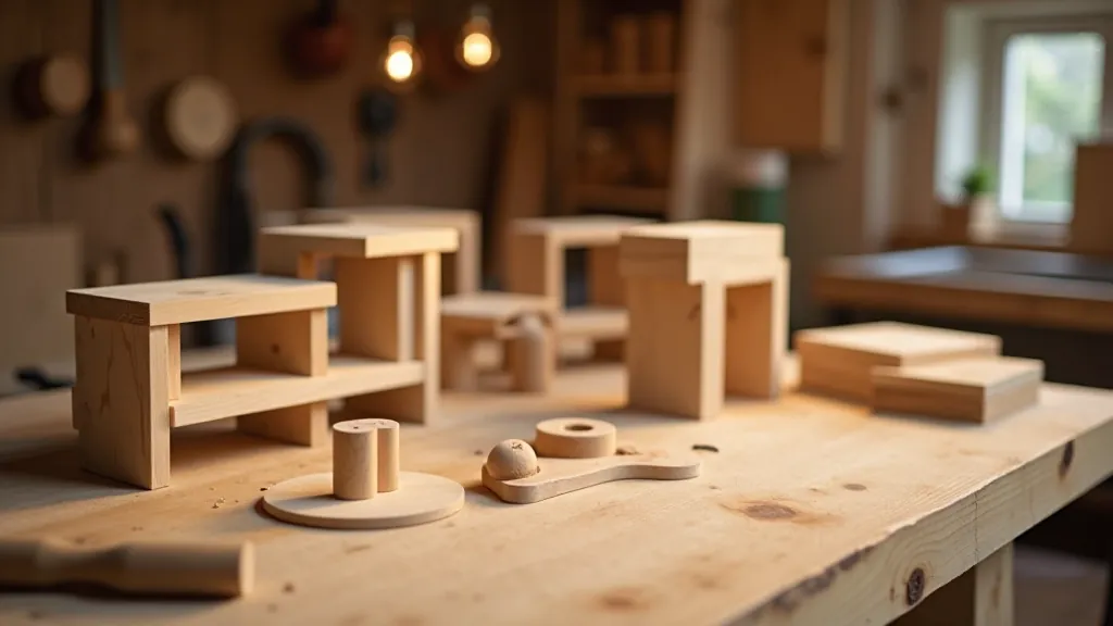 Simple wooden shelf and stool projects laid out, showing beginner-friendly woodworking designs