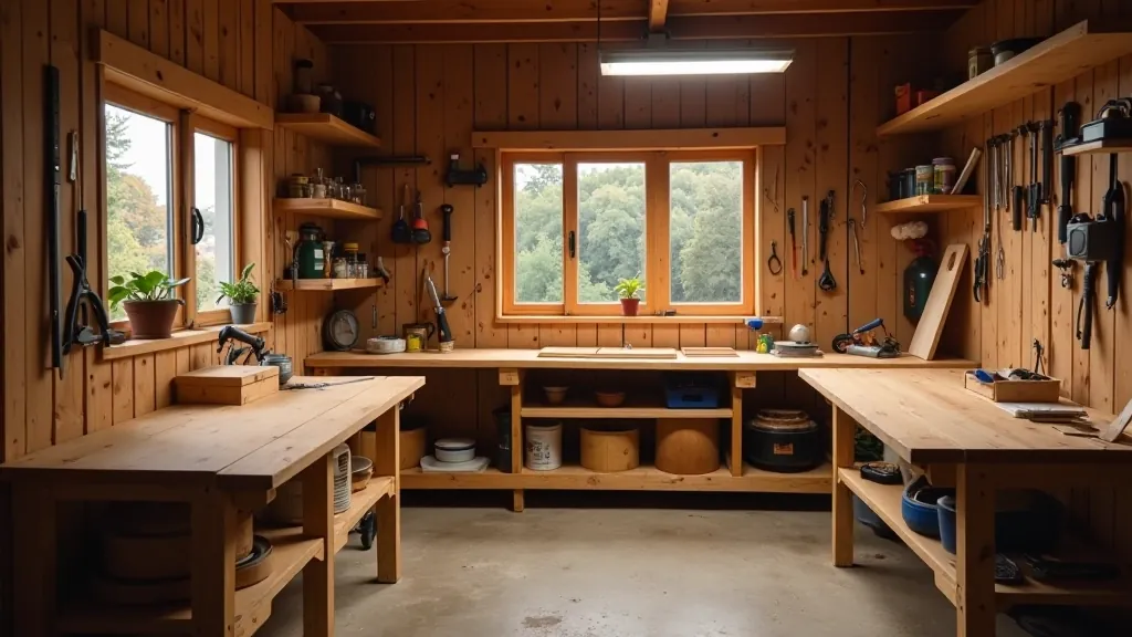 Small garage workshop with workbench and tools organized on walls, proper workshop lighting and layout