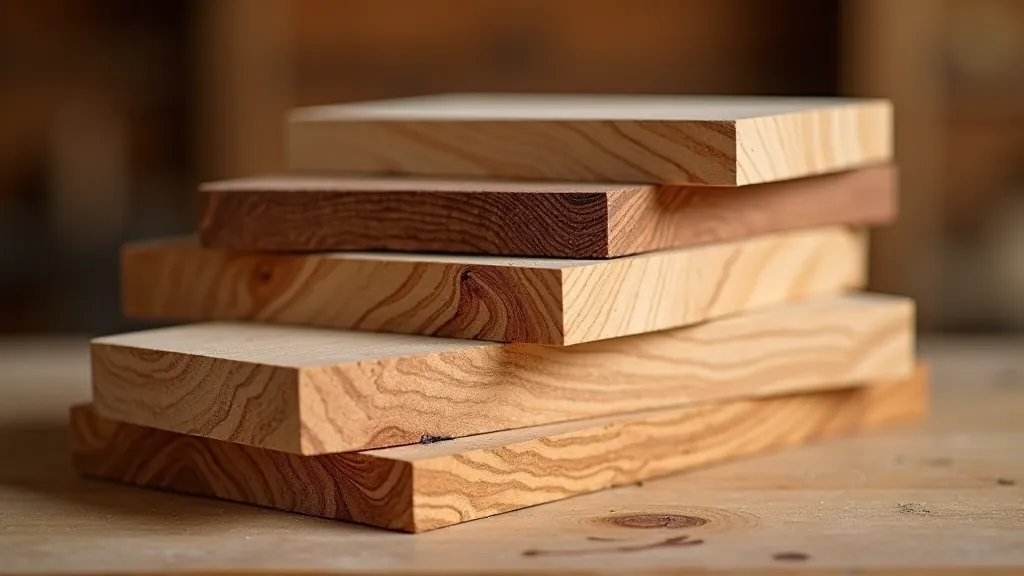 Stack of different wood samples showing grain patterns, maple, oak, and walnut varieties clearly visible
