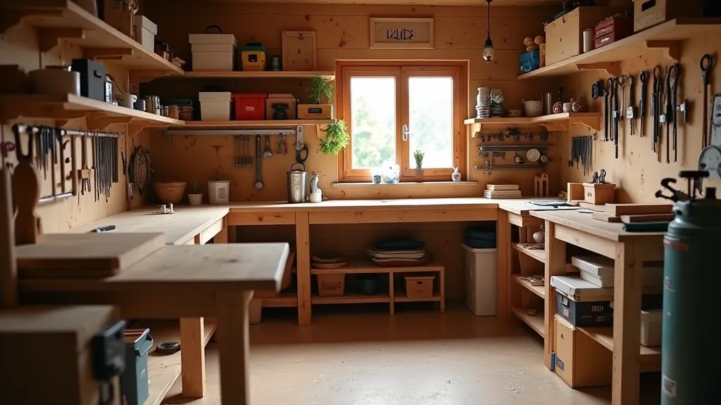 Well-organized garage workshop with wooden workbench, organized tool storage, and natural lighting from window
