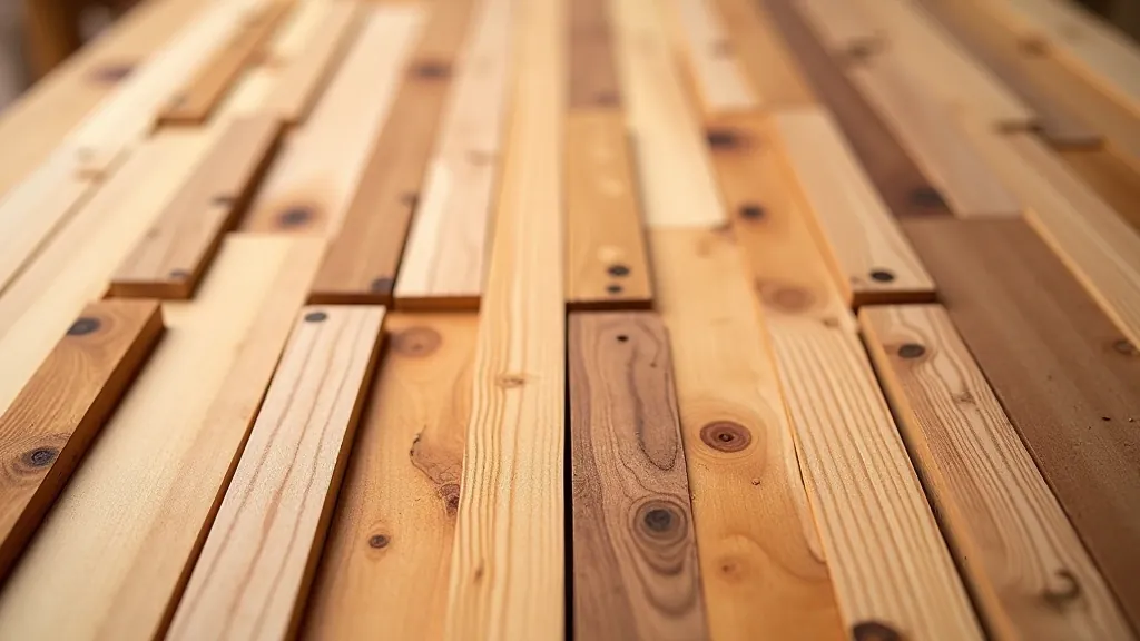 Wooden pieces laid out in alternating grain pattern, showing different wood colors and grain directions arranged carefully