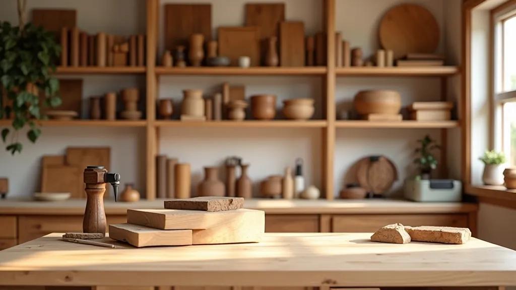 Wooden shelf with books and decorative items, clean finish, bright workshop lighting