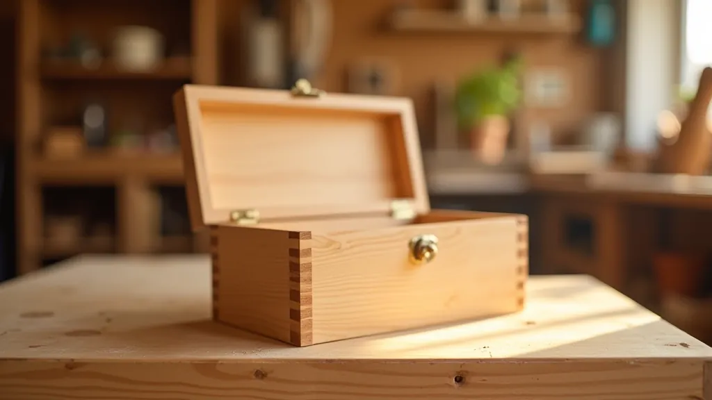 Wooden storage box with hinged lid, natural finish, sitting in bright workshop, lid partially open