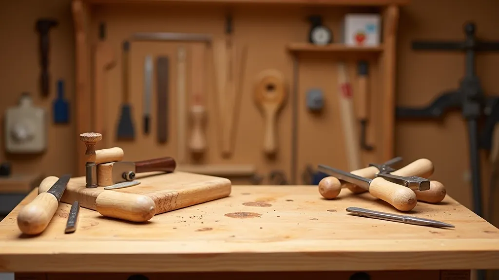Wooden cutting board and hand tools on workshop table