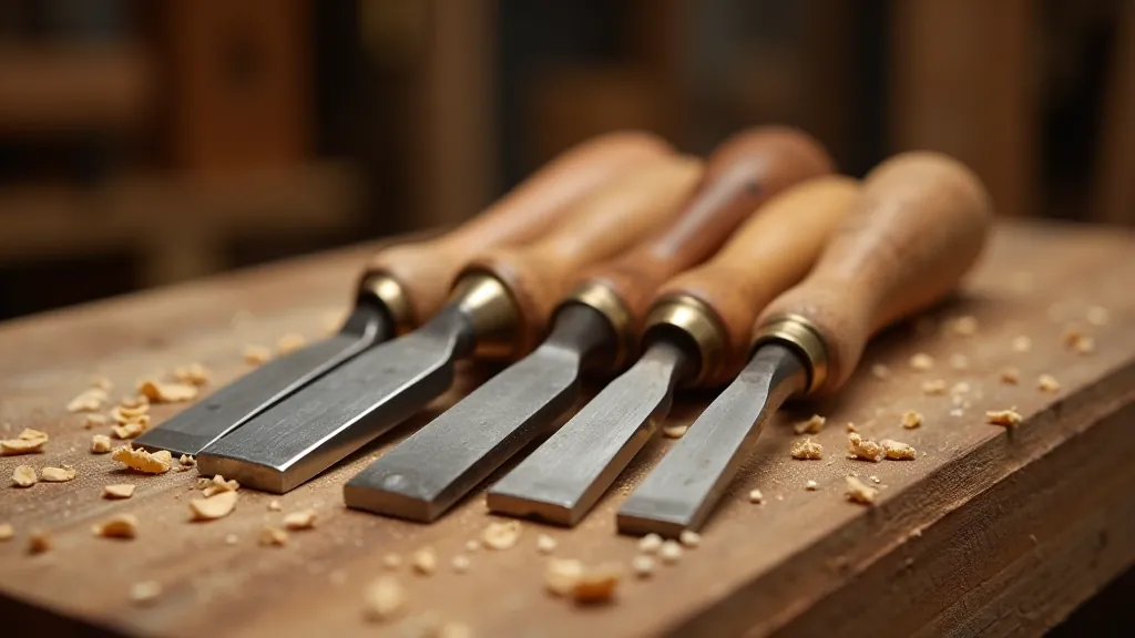 Close-up of four chisels in different sizes lined up on a workbench with wood shavings