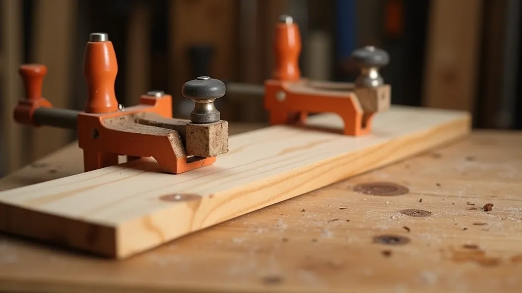 Woodworking clamps holding laminated board together, showing proper clamping pressure and alignment during glue-up
