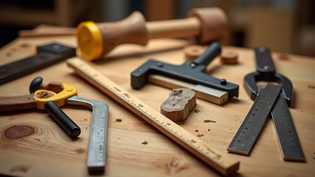 Various clamps and measuring tools arranged on a workshop table