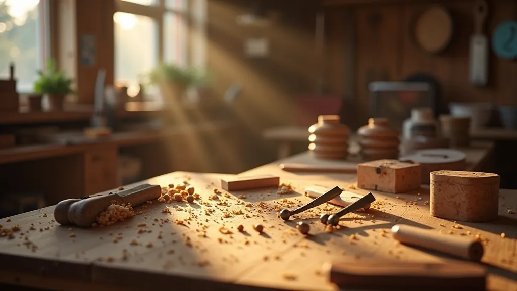 Woodworking workshop with organized hand tools and wooden workbench